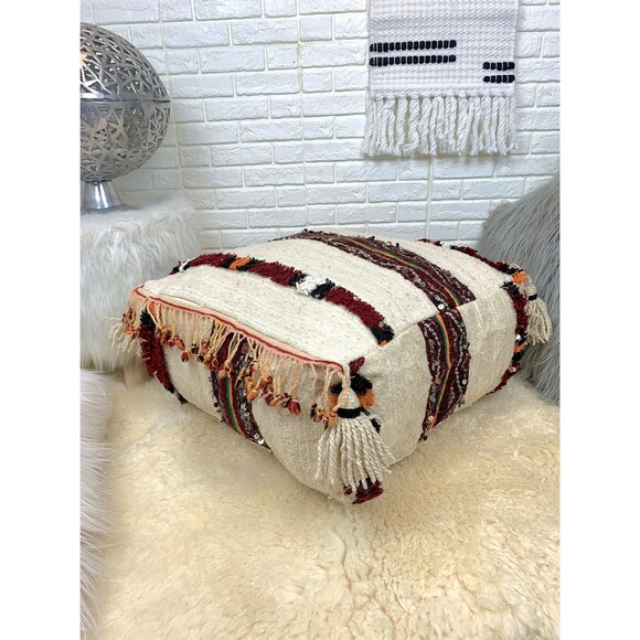 Handmade Moroccan Berber Kilim Pouf: Tassel Floor Pillow 03YS00143 - Picture 1 of 8